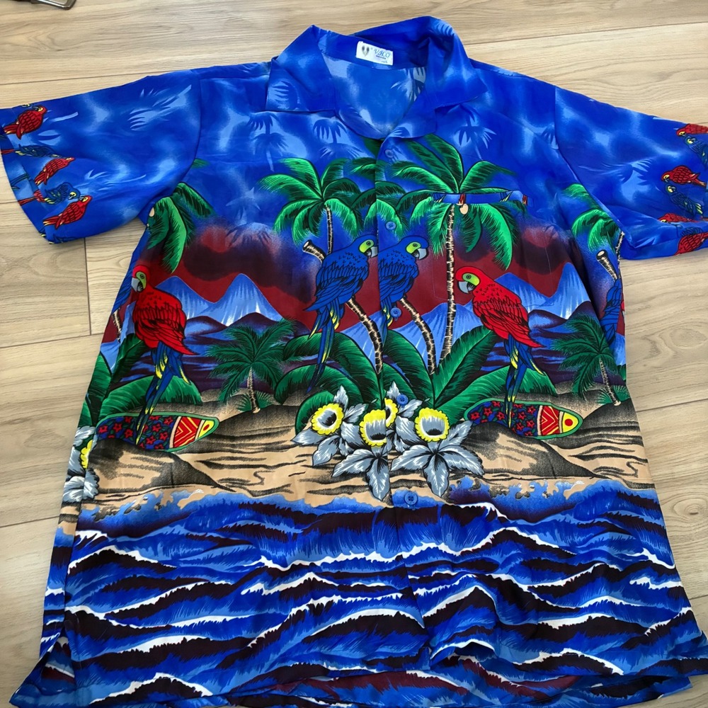 VHO Men's Hawaiian‎ Shirt Tropical Parrot Palm Tree Surfboard Print Blue Large